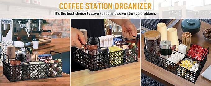 Coffee Bar Organizer, Metal Countertop Station With Handles, Coffee Pods Holder, Tea Condiment Organizer, Mesh Black
