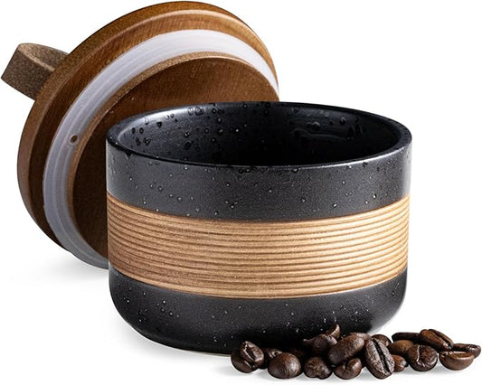 Small Ceramic Jar with Lid, Coffee Container Kitchen Food Storage Jars for Spice Sugar Tea Bag Matcha Container Airtight, Stacairtightkable Decorative Jars for Countertop, Black & 5 fl.oz