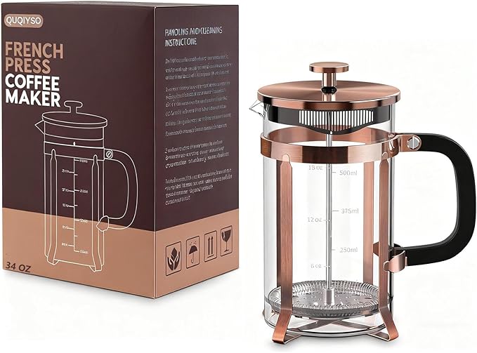 QUQIYSO French Press Coffee Maker 34oz 304 Stainless Steel with 4 Filter, Heat Resistant Durable, Easy to Clean, Borosilicate Glass Press, 100% BPA Free Teapot (Copper)