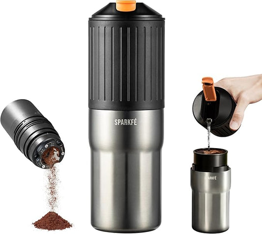 Portable Pour Over Coffee Maker, Rechargeable Electric Grinder with Stainless Steel Conical Burr, Integrated Hand Brew Kit with Stainless Steel Filter Dripper & Travel Mugs, for Camping, Outdoors