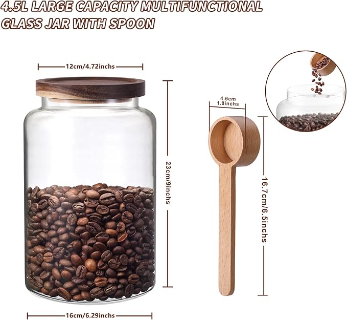 Large Glass Coffee Storage Jar with Lids Spoon Thicken Glass Coffee Canister Borosilicate Glass Food Containers for Ground Coffee Beans Nut Pasta Sugar Candy Spice Rice Loose Tea (4500ml/152oz)