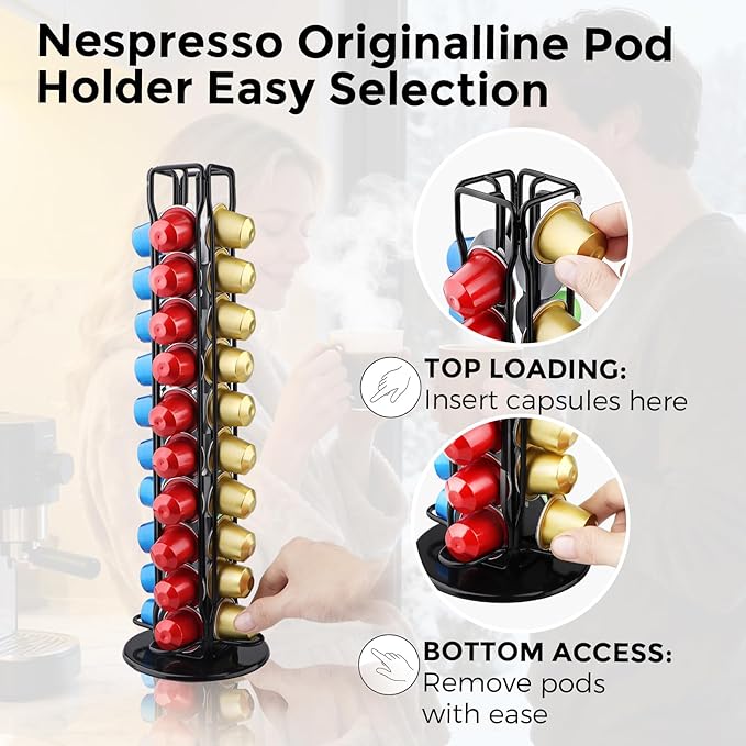 Coffee Pod Holder Compatible with Nespresso Original – 40 Pod Carousel Storage Stand, 360° Rotating Coffee Capsule Organizer, Space-Saving Countertop Holder for Coffee Lovers (Black)