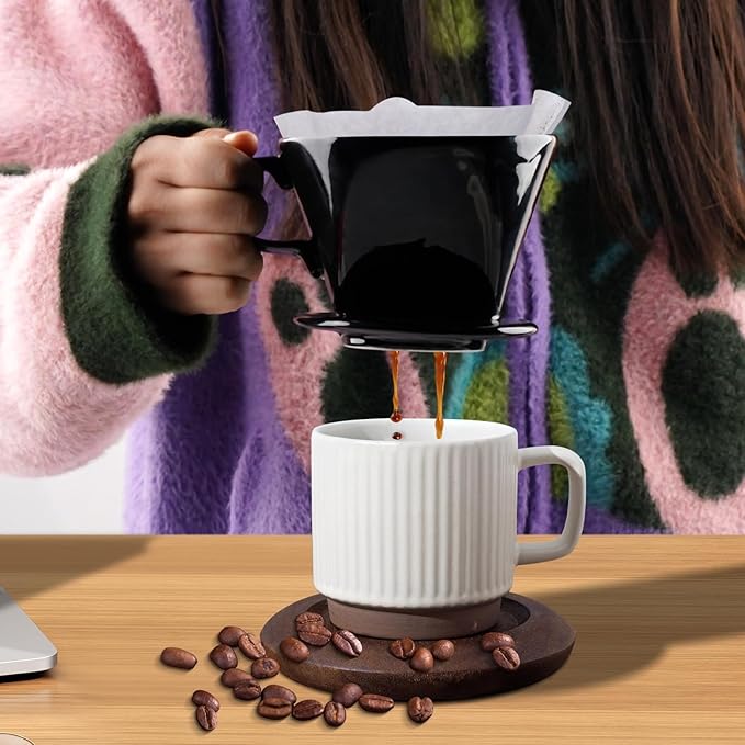 Handmade Pour Over Ceramic Coffee Dripper - Authentic Brewing Experience for Camping, Office, and Home (Black)
