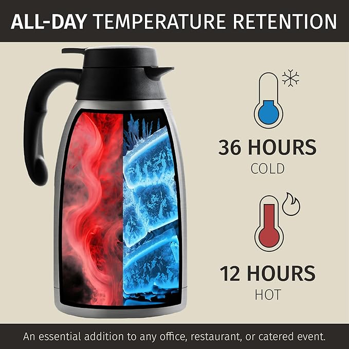 Thermal Coffee Carafe with Cleaning Brush - 68 oz / 2L, 24 Hours Cold or 12 Hours Hot Water Dispenser, Carafe for Hot Liquids - Insulated Stainless Steel Coffee Urn - Easy Use Tea Dispenser - Cresimo