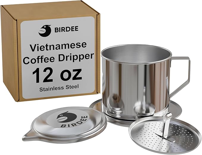 Birdee Vietnamese Coffee Dripper - 12 oz, Stainless Steel, Medium Drip Filter, Durable, Dishwasher Safe, Home Use, Travel, Camping, Gift Sets