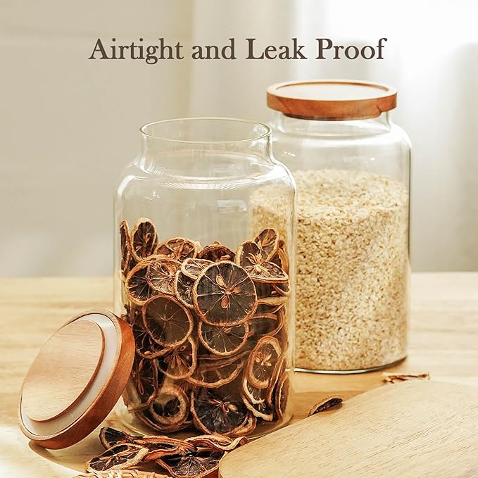Labina Glass Storage Container Airtight Food Jars Kitchen Canister with Wood Lids, 88 Oz Wide Mouth Pantry Organization Glass Jar for Flour, Sugar, Cookie, Spagetti, Nuts and Candy (2 Pack)