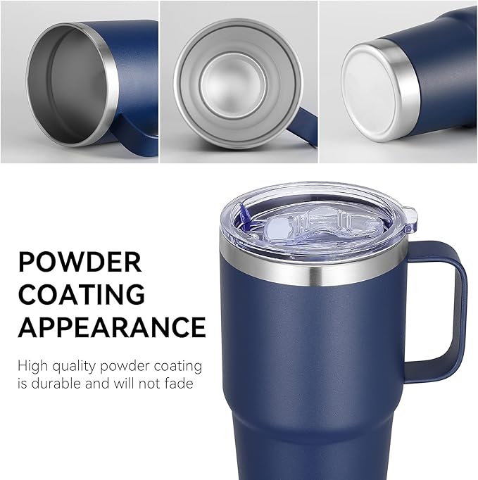 VEGOND 20 oz Tumbler with Handle Lid and Straw, Stainless Steel Insulated Travel Coffee Mug Spill Proof Double Wall Metal Tumbler Cup Keeps Drink Hot and Cold, Navy Blue 1 Pack