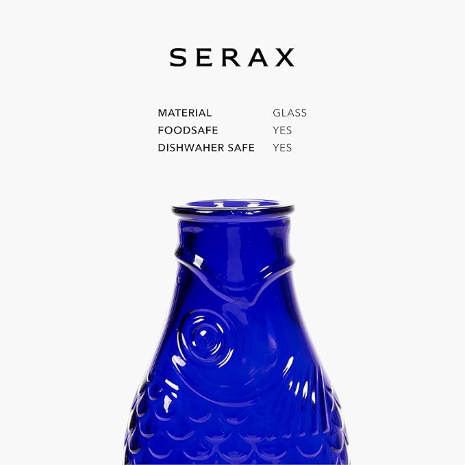 Serax Glass Water Pitcher | Fish & Fish glassware by Paola Navone | Wine Carafe Decanter 28.74 fl oz | Clear Dark Blue Bottle Container, hot & cold Drinks | Fridge Beverage Dispenser, Suitable as Vase