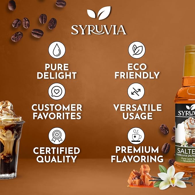 Syruvia SALTELLA Coffee Syrup Vanilla Salted Caramel - 25.4 fl oz - Kosher Syrups, Gluten Free With Pump