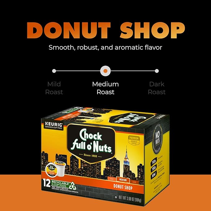 Chock Full o' Nuts Donut Shop Keurig K-Cup Pods for Keurig Brewers – Premium Arabica, Medium Roast – Single Serve – 4 Packs of 24 K-Cup Pods
