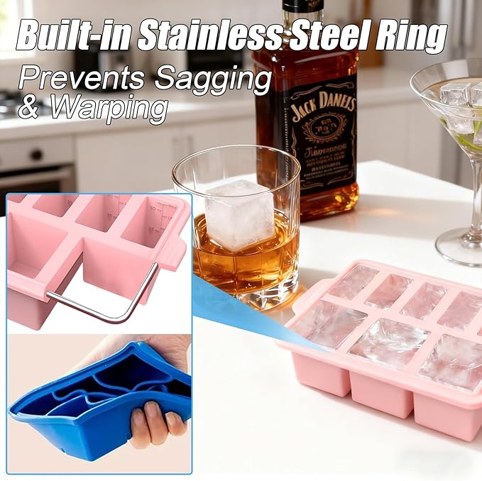 Silicone Ice Cube Tray with Lid 8-Cavity Reinforced Steel Frame Ice Cube Trays Easy Release BPA-Free Makes 3 Large Square & 5 Small Rectangular Ice Trays for Cocktails Whiskey Coffee,Pink