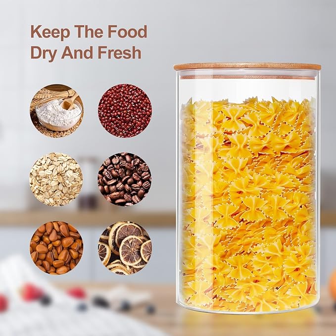Glass Storage Canister with Airtight Lid Kitchen Clear Flour Sugar Storage Jar Large Glass Containers with Bamboo Lids Suitable for Coffee Beans Biscuits Pasta and Cereals