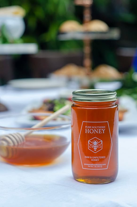 100% Authentic, USA - Made Raw Unfiltered Gourmet Honey Gift Set with Dipper by Pure Southern Honey [ 1 lb] - Unheated - Non - GMO, No Additives, All - Natural Sweetener- Environmental-Friendly Glass Jar