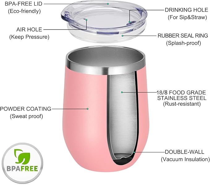 VEGOND 12oz Stainless Steel Wine Tumbler with Lid and Straw, Double Wall Vacuum Insulated Stemless Wine Glass Tumbler Cup, Coffee Mug for Cold Hot Drinks