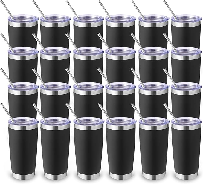 Volhoply 20oz Stainless Steel Tumbler with Lid and Straw Bulk 24 Pack,Double Wall Insulated Travel Iced Coffee Mug Fits Cup Holder,Powder Coated Cups for Hot/Cold Drinks,Christmas Gifts（Black,24 Set）