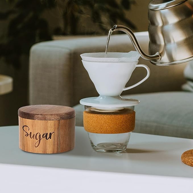 Acacia Wood Spice Box with Swivel Cover for Kitchen Countertop,Salt Keeper with Built-in Spoon,Modern Farmhouse Kitchen Decoror for Storing Seasonings (Labeled Sugar)