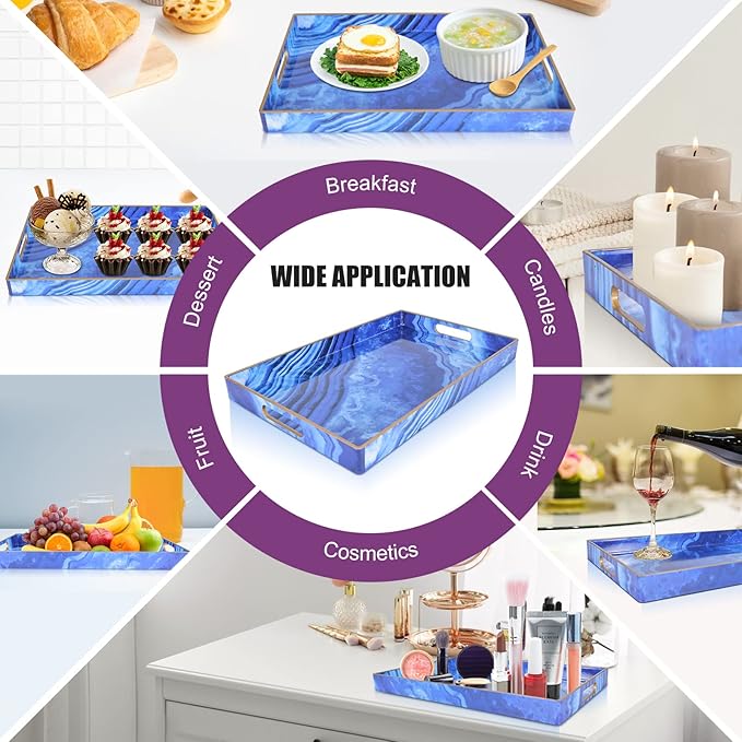 Gifturbo Blue Marble Serving Tray,Decorative Serving Trays with Handles,Coffee Table Tray Ottoman Rectangular Plastic Trays with Gold Rim for Living Room, Bathroom,15.7 x 10.2 x1.37 inches