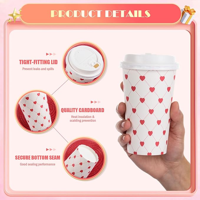 FOBSME 50 Pcs Valentine Disposable Coffee Cups With Lids 16oz Red White Love Heart Paper Cups Valentine Party Drinking Cups for Wedding Anniversary Party Supplies