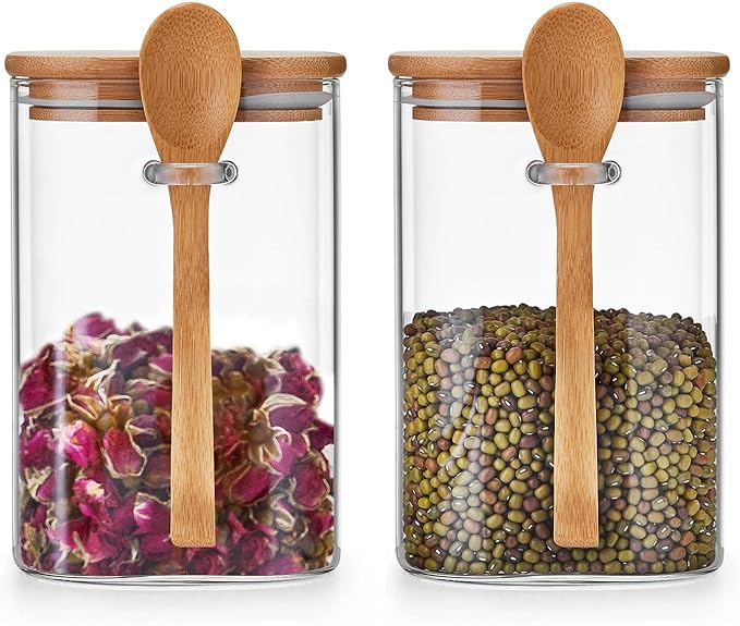 Glass Jars with Airtight Bamboo Lids and Spoons, 2PCS 1150ml/39oz Overnight Oats Containers with Lids, Glass Food Storage Containers for Coffee Beans, Flour, Sugar, Cookie, Pasta, Tea Leaf
