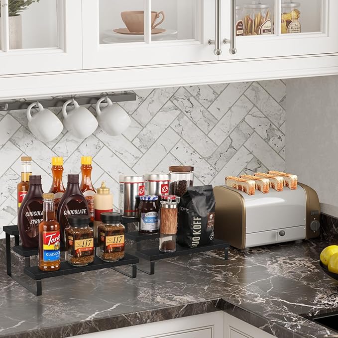 YINMIT Wooden Display Riser Stand, Tiered Perfume and Cologne Organizer Stand, 3 Tier Spice Rack Organizer, Rustic Display Shelf for Candles (3 Tier,2Pack,Black)