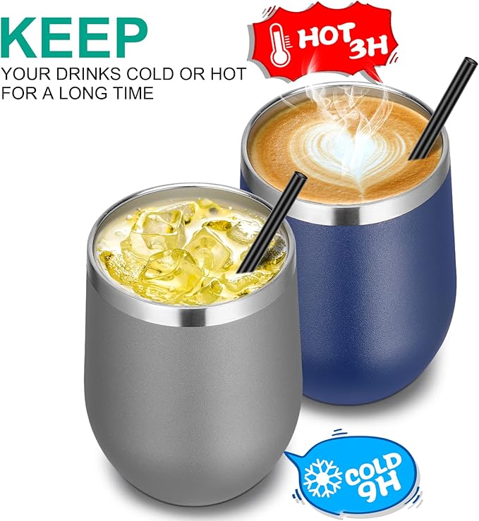 VEGOND Wine Tumblers Bulk 6 Pack, 12oz Stainless Steel Stemless Wine Glass with Lids and Straws, Double Wall Vacuum Insulated Tumbler Cup, Coffee Mug for Cold Hot Drinks