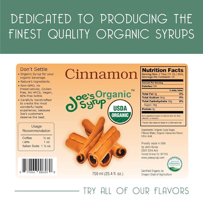 Joe’s Syrup Organic Flavored Syrup, Organic Cinnamon, 750 ml