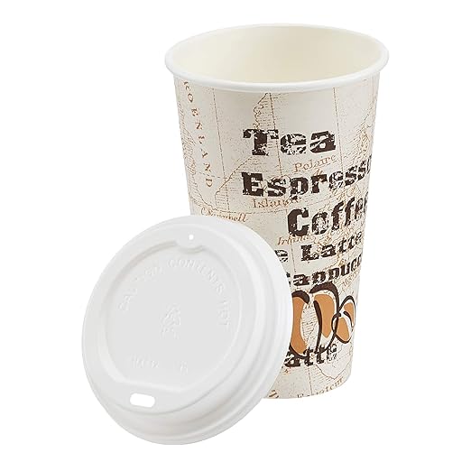Amazon Basics To Go Hot Paper Coffee Cups with Lids, 16 oz, Café Design, Disposable, 100-Count