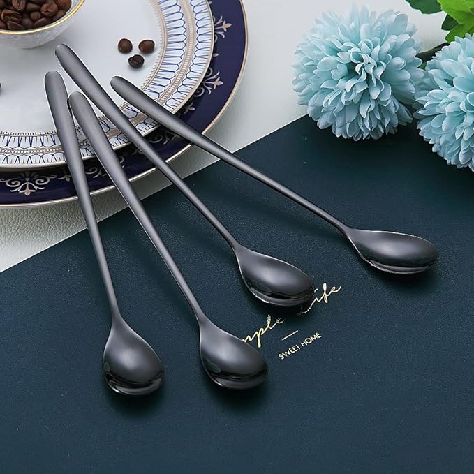 Black Long Handle Spoon, Coffee Stirrers, Premium Stainless Steel Ice Tea Spoons, Ice Cream Spoon, Cocktail Stirring Spoons, Set of 6 (Black)