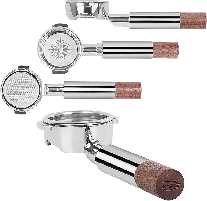 IKAPE 58mm Bottomless Naked Portafilter Silver, Suitable for E61, Flair 58, ECM, Rocket, Sanremo, Synesso, Slayer, VBM Coffee Machines (Included 20g Capacity Filter Basket)