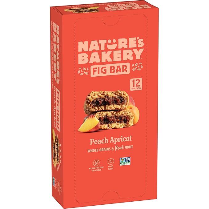 Nature’s Bakery Whole Wheat Fig Bars, Peach Apricot, Real Fruit, Vegan, Non-GMO, Snack bar, 1 box with 12 twin packs (12 twin packs)
