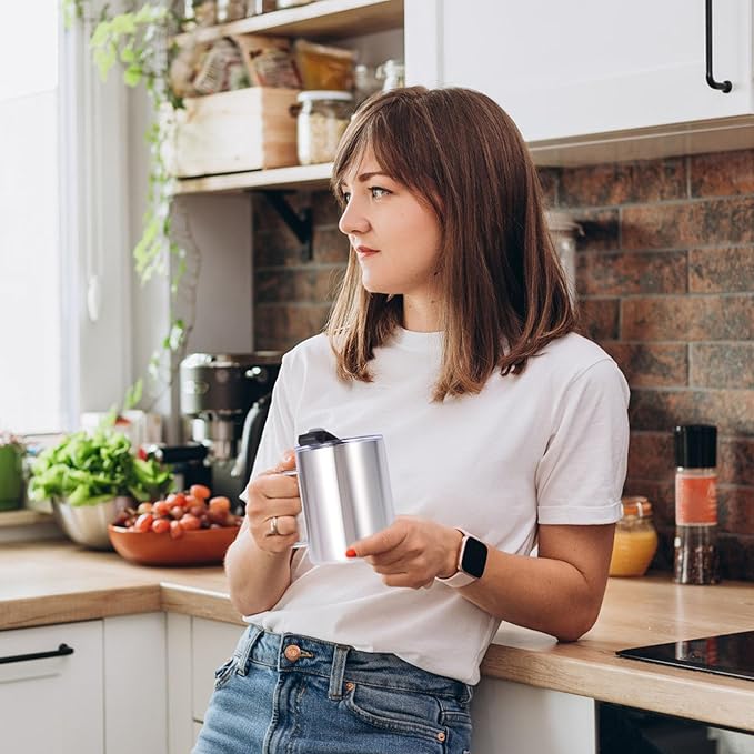 Volhoply 12oz Insulated Leakproof Coffee Mug with Flip & Straw Lid,Double Wall Vacuum Stainless Steel Travel Cafe Tumbler Cup with Handle,Reusable Camping Mugs Keep Cold/Hot(Silver,1 Set)