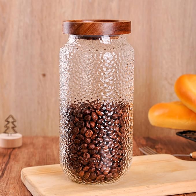 WHJY Glass Storage Container with Lid, Airtight Glass Jars, Farmhouse Tea Canister, Dog Treat Jar for Pet, Irregularity Texture Glass Candy Cookies Coffee Canister Jar Bath salt Container - 34oz