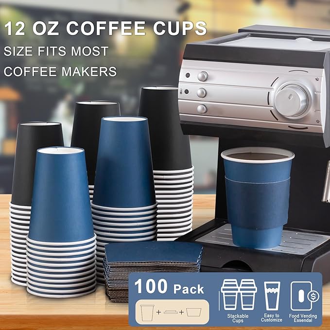 SIUQ 100 Pack 12 oz Coffee Cups with Lids, Disposable Paper Coffee Cups with Sleeves for Hot/Cold Drinks Parties, Picnic, Travel, and Events (Navy and Black)