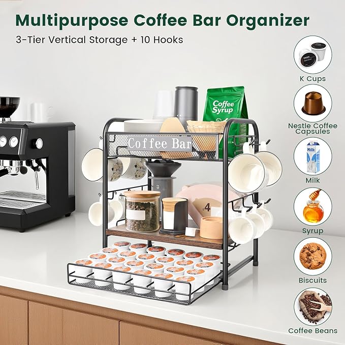 Coffee Bar Organizer, Station Mug Holder for Countertop, Multi-Functional 3 Tier Coffee Cup Tree Rack for Kitchen, Storage Shelf with 10 Hooks, K Cup Pod Drawer for Home Office