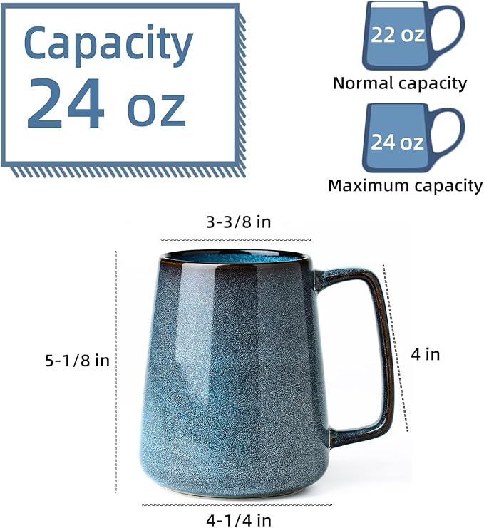 24 oz Large Ceramic Coffee mugs, Extra Large Tea and Coffee Cups, Large Handle Design, Big Coffee Mug for Office and Home, Microwave and Diahwasher Safe. (24 oz blue)