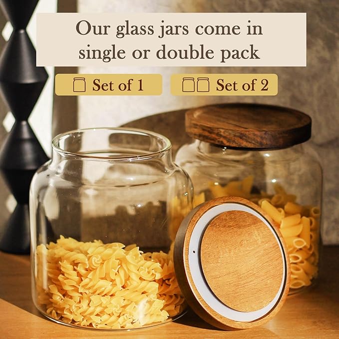 Labina Glass Storage Container Airtight Food Jars Kitchen Canister with Wood Lids, 54 Oz (1600ml) Wide Mouth Pantry Organization Glass Jar for Flour, Sugar, Cookie, Spagetti, Nuts and Candy (2 Pack)