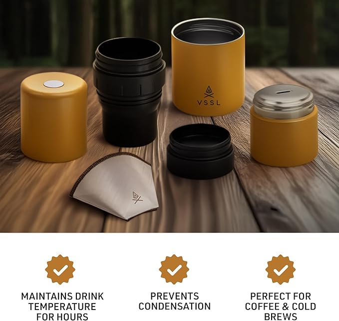 VSSL - Nest Pour Over Coffee Kit | Coffee Maker for Camping | All-In-One Travel Pour Over | Transportable Dripper, Two 10oz Stainless Steel Travel Mugs | Compact Storage & Adventure Ready | Sahara