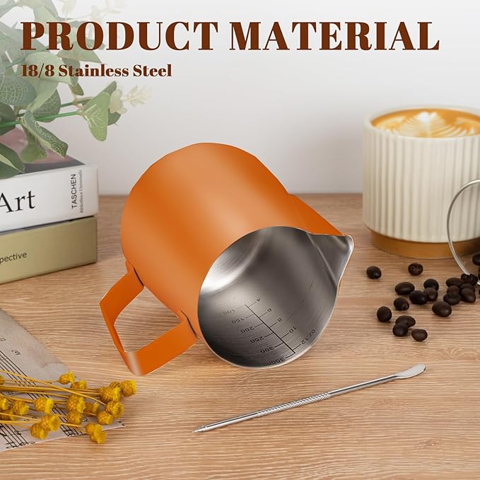 Milk Frothing Pitcher, 12 oz Milk Frother Cup with Clear Scale, 304 Stainless Steel Cappuccino Espresso Machine Accessories for Barista Coffee Bar with Latte Art Pen, Orange