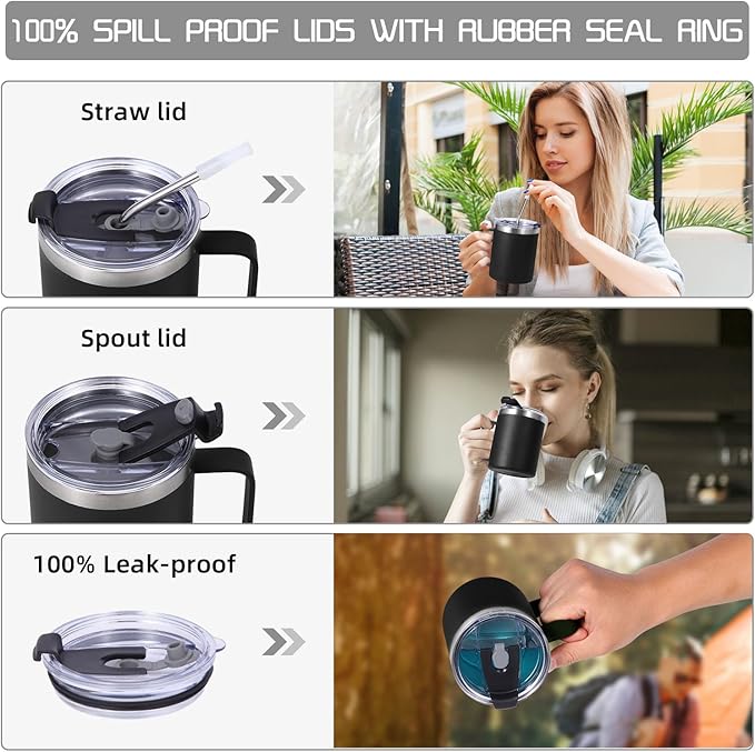 Volhoply 12oz Insulated Leakproof Coffee Mug with Flip & Straw Lid Bulk 2 Pack,Double Wall Vacuum Stainless Steel Travel Tumbler Cup with Handle,Reusable Camping Mugs Keep Cold/Hot(Black,2 Set)