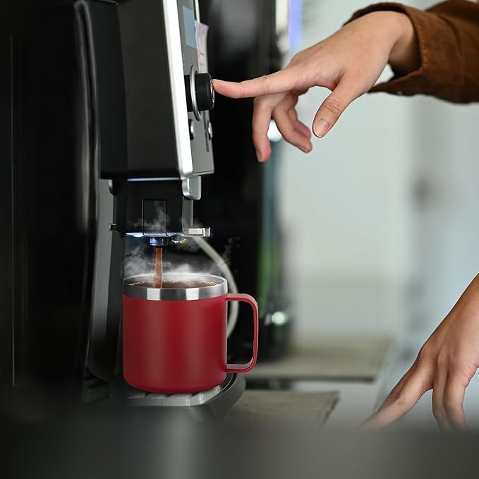 VEGOND 14 oz Insulated Coffee Mug Bulk with Handle, Stainless Steel Travel Coffee Mug with Lid, Double Wall Vacuum Metal Coffee Cup, Coffee Tumbler Powder Coated, Red 4 Pack