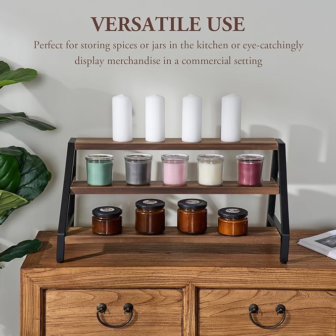 MyGift 3-Tier Wine Rack, Industrial Rustic Wood & Black Metal Countertop Organizer, Stair Step Shelf for Liquor Bottles, Glasses, Barware - Kitchen, Home Bar, Commercial Use