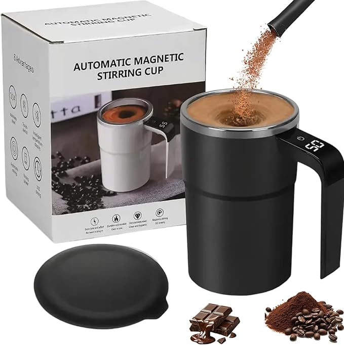 Electric Coffee Mug With a Built-In Lcd Thermometer, 380ML/13OZ Prevent Overflow Self-Stirring Magnetic Coffee Cup, Perfect for Brewing Coffee, Milk, Cocoa, Etc. (Black)