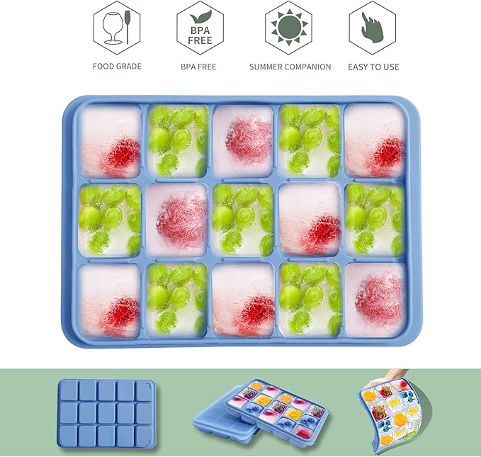 Ice Cube Trays Set of 2, Easy Release 15 Flexible Silicone Ice Cube Molds with Removable Lid Reusable Freezer Ice Trays Stackable for Whiskey, Baby Food, BPA Free (BLUE+GREEN)