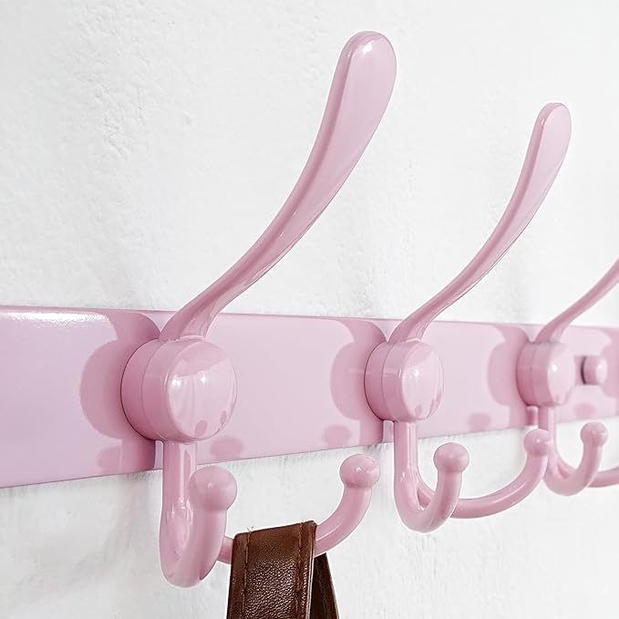 Dseap Coat Rack Wall Mount - 29.5” Long 8-Tri-Hooks Heavy Duty Coat Hanger Rail Wall Hooks for Hanging Coats Hats Clothing Clothes Purse Mudroom Entryway, Pink