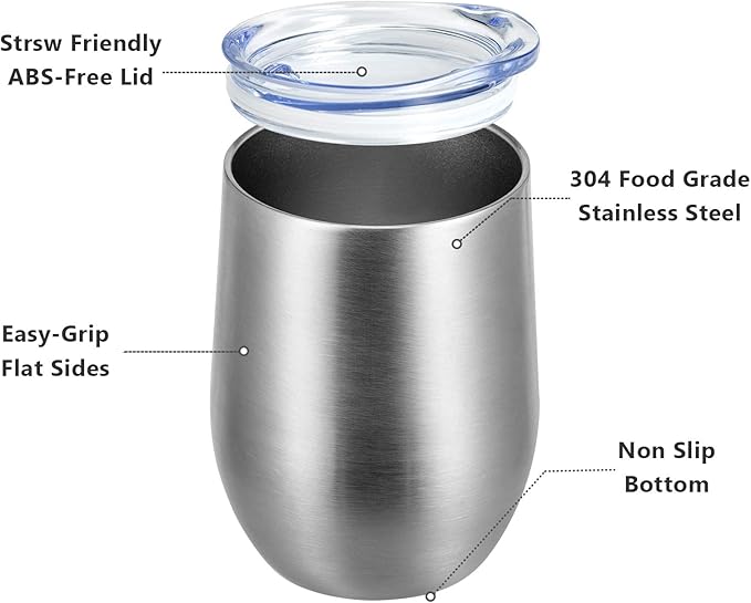 MEWAY Stemless 12oz Wine Tumbler Glasses with Lid -Insulated Double Wall Vacuum Stainless Steel Travel Tumbler with Straw,for Woman Under 10 dollars (Silver,1)