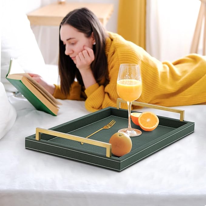 Green Decorative Serving Tray,Rectangular Tray for Coffee Table,Faux Leather Serving Tray with Handles for Ottoman,Shagreen Leather Tray for Bathroom