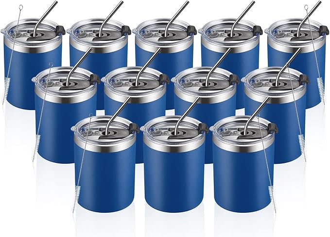 MEWAY 12 oz Lowball, Tumbler Stainless Steel Double Wall Vacuum Insulated Mug with Straw and Lid, Cleaning Brush ，Durable Powder Coated Insulated Coffee Cup for Cold & Hot Drinks (Navy, 12 pack)