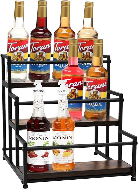 Coffee Syrup Rack - 3-Tier 12 Syrup Bottles Holder - Liquor Bottle Display Shelf - Kitchen Cabinet Organizer for Jars, Condiments - Wooden Countertop Organizer for Seasonings, Tea, or Coffee