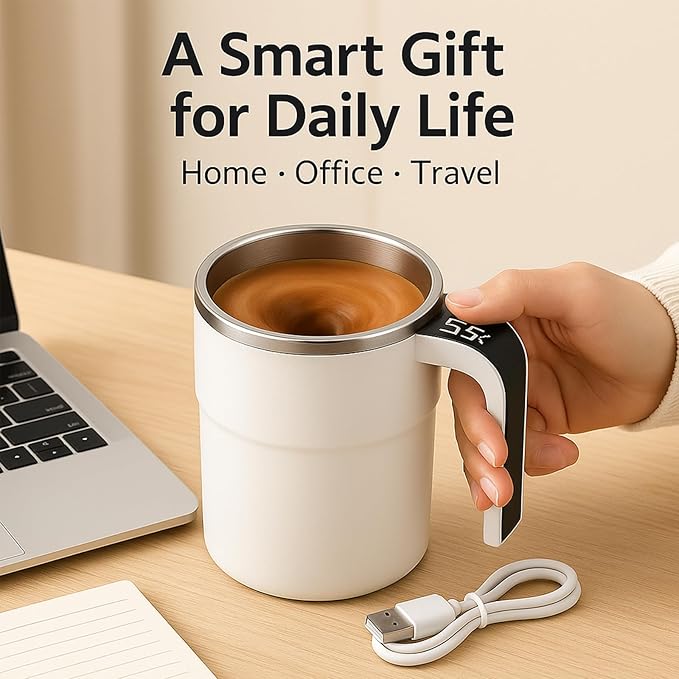 Electric Coffee Mug with a Built-in LCD Thermometer, Rechargeable Automatic Magnetic Self Stirring Coffee Mug, for Brewing Coffee, Milk, Cocoa, Portable Travel Mug for Office Home, 380ml (Black)