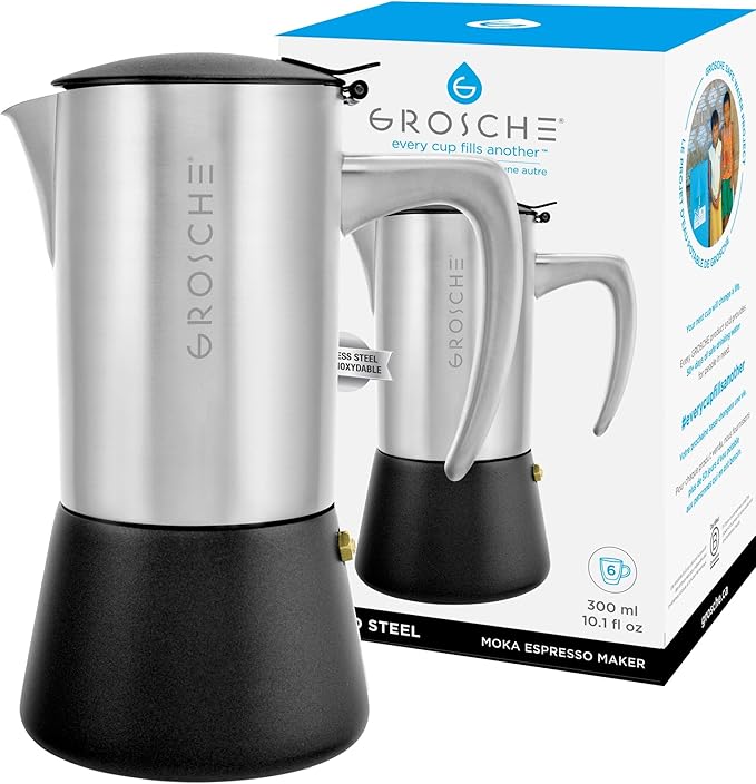 GROSCHE Milano Steel | 6 Espresso Cup | Stovetop Espresso Maker: Stainless Steel Moka Pot for Greca, Induction, Electric & Gas Stoves | Dishwasher Safe Stovetop Espresso Maker Moka Pot